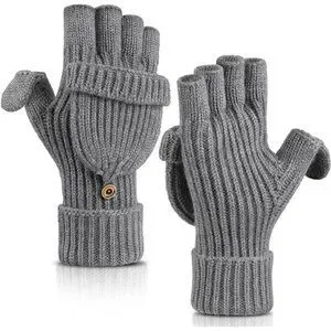 Mitaines Femme Sans Doigts En Laine - Grises - Chaudes Et Confortables, Bout Rabattable
